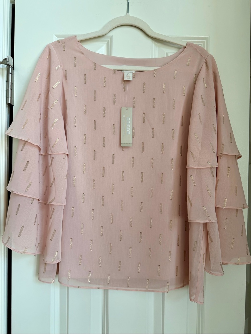 NWT Chico’s Paris Pink Lurex Dash Tiered Ruffle Sleeve Top Chico Sz 0 Small 4